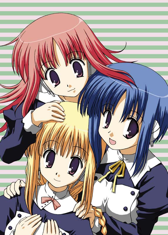 muichimon, ilfa (to heart), milfa (to heart), silfa (to heart), to heart (series), to heart 2, to heart 2 ad, 00s, 3girls, blonde hair, blue hair, braid, buttons, dress, hand on own chest, long sleeves, looking at viewer, multiple girls, purple eyes, red eyes, ribbon, robot ears, simple background, single braid, smile, upper body, yellow ribbon