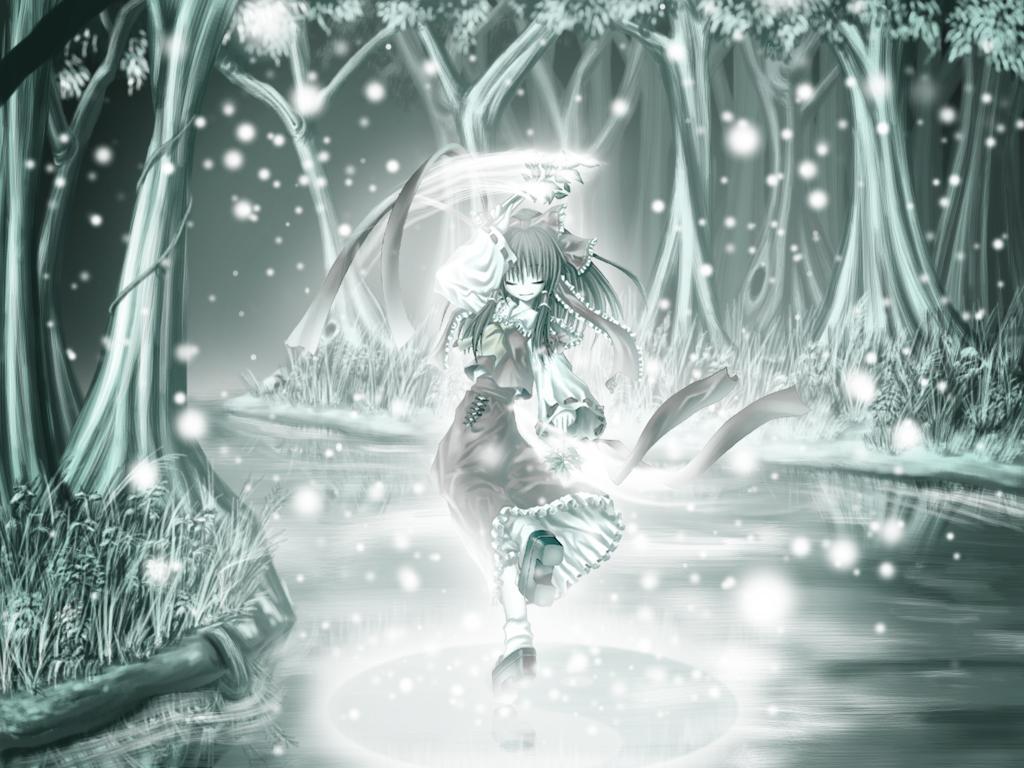aozora market, hakurei reimu, perfect cherry blossom, touhou, platform footwear, duplicate, 1girl, ascot, bow, dancing, detached sleeves, female focus, forest, green theme, hair bow, hair tubes, japanese clothes, miko, nature, no nose, raised eyebrows, river, skirt, skirt set, snow, snowing, solo