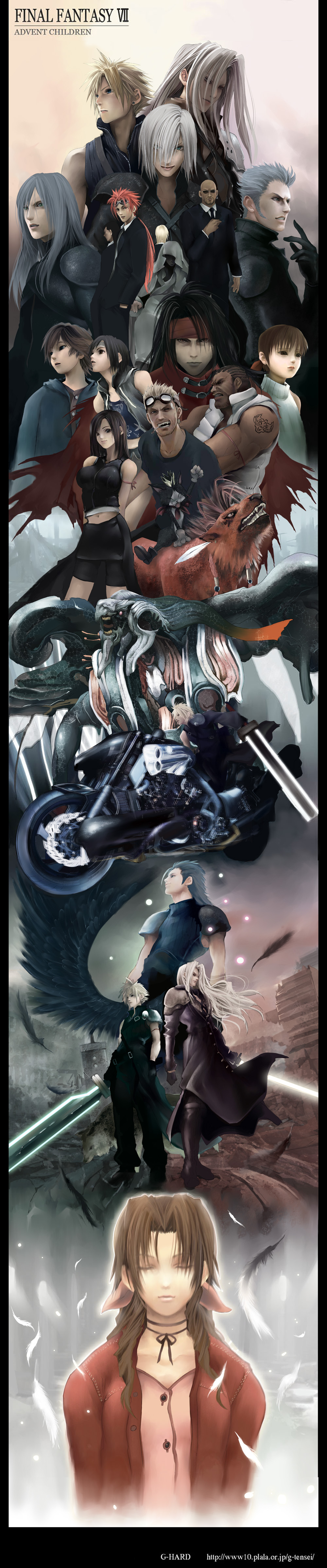 g-hard, shihira tatsuya, aerith gainsborough, bahamut (final fantasy), bahamut shin, barret wallace, cait sith (final fantasy), cid highwind, cloud strife, denzel (ff7), elena (ff7), kadaj, loz, marlene wallace, red xiii, reno (ff7), rude (ff7), rufus shinra, sephiroth, tifa lockhart, tseng, vincent valentine, yazoo, yuffie kisaragi, zack fair, final fantasy, final fantasy vii, final fantasy vii advent children, vehicle, absurdres, highres, long image, tall image, 00s, 1990s (style), 4girls, 6+boys, everyone, feathers, fenrir (vehicle), motor vehicle, motorcycle, multiple boys, multiple girls, retro artstyle, single wing, sword, turks (ff7), weapon, wings