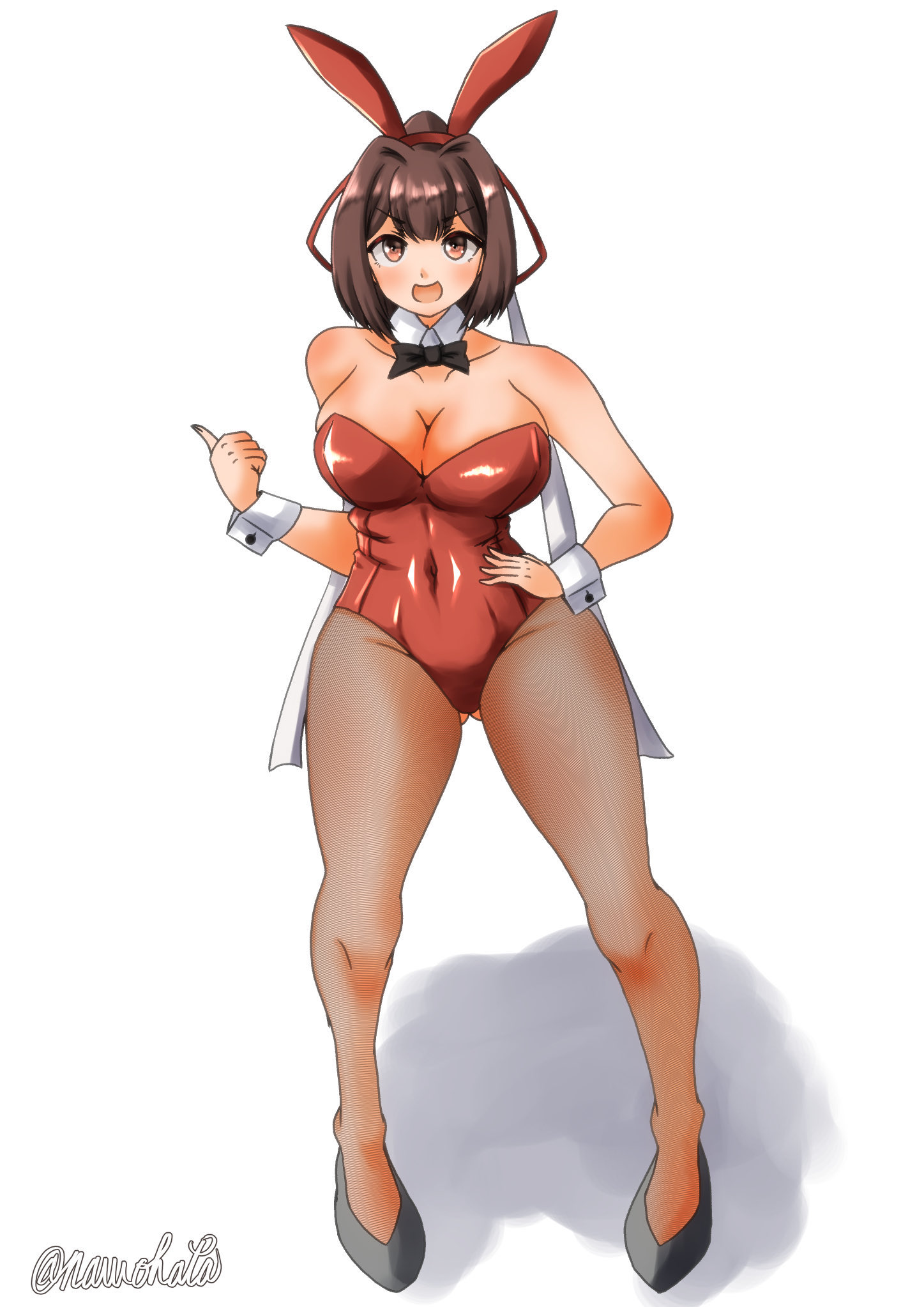 nawohata, ise (kancolle), kantai collection, highres, 1girl, animal ear hairband, animal ears, bare shoulders, black shoes, bow, bowtie, breasts, brown eyes, brown hair, brown pantyhose, bunny day, detached collar, fake animal ears, hair ribbon, hairband, high heels, large breasts, leotard, looking at viewer, pantyhose, playboy bunny, ponytail, rabbit ears, rabbit tail, red leotard, ribbon, shoes, short hair, strapless, strapless leotard, tail, white wrist cuffs, wrist cuffs