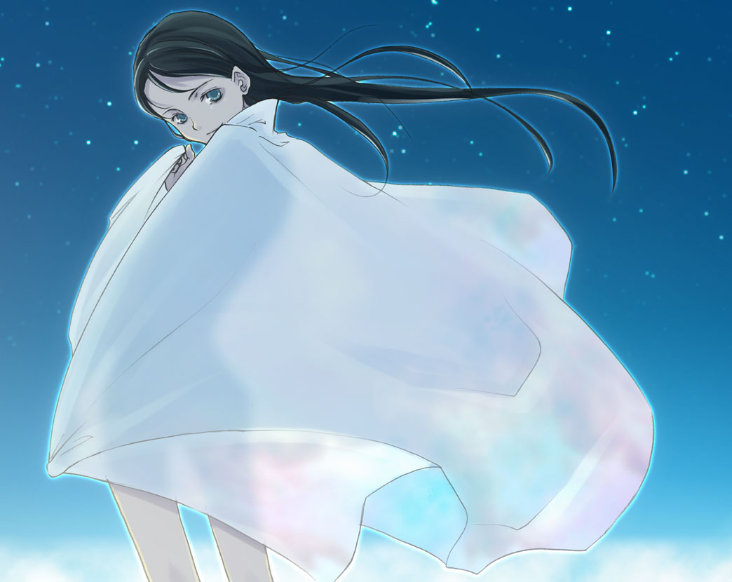 torazou, original, 1girl, black hair, blue eyes, cape, covering privates, female focus, from behind, light smile, long hair, looking back, naked cape, night, night sky, nude, nude cover, silhouette, sky, solo, star (sky), starry sky