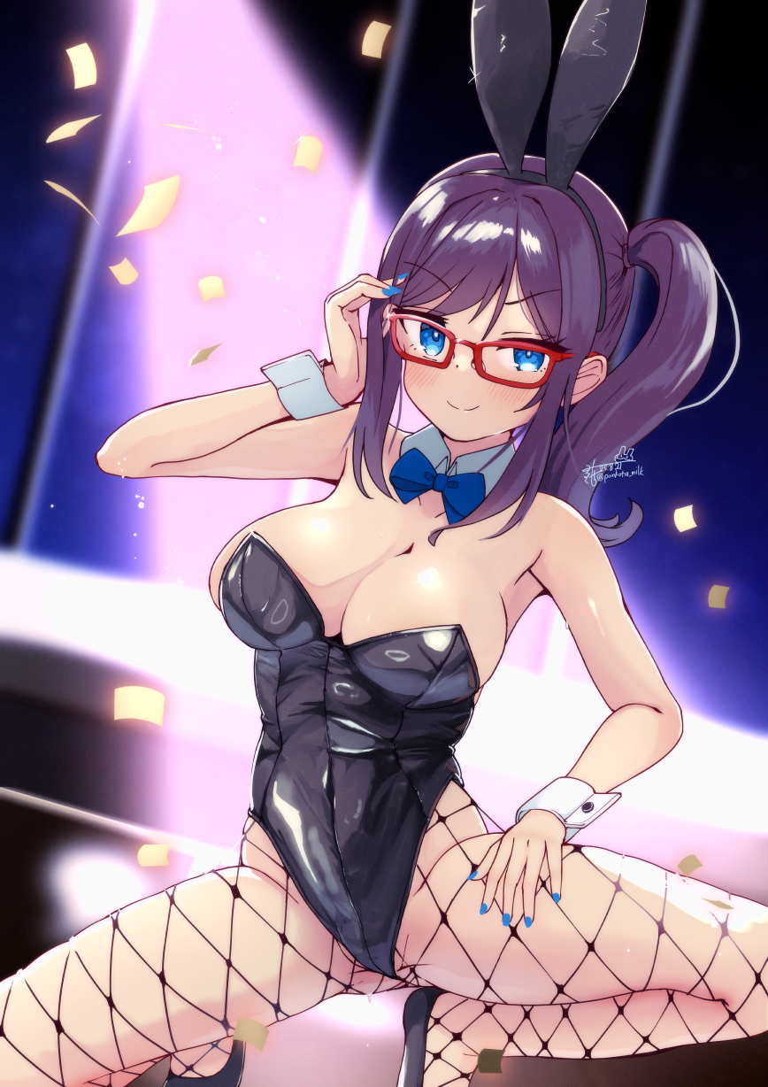 milkmochi, indie virtual youtuber, commentary request, commission, highres, skeb commission, 1girl, akagane yoru, animal ear hairband, animal ears, black hair, black leotard, blue bow, blue bowtie, blue eyes, bow, bowtie, breasts, detached collar, dutch angle, fake animal ears, fishnet pantyhose, fishnets, glasses, hairband, large breasts, leotard, pantyhose, playboy bunny, rabbit ears, red-framed eyewear, side ponytail, solo, squatting, strapless, strapless leotard, wrist cuffs