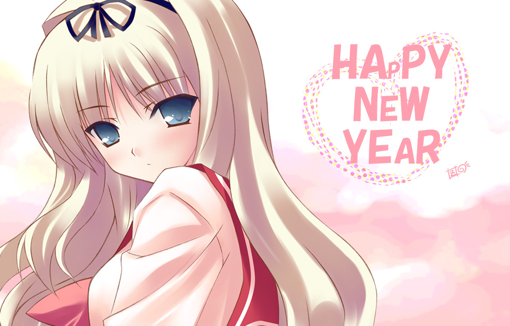 zinno, kusugawa sasara, to heart (series), to heart 2, 00s, 1girl, blonde hair, blue eyes, female focus, hair ribbon, hairband, heart, long hair, looking back, new year, polka dot, ribbon, school uniform, serafuku, solo
