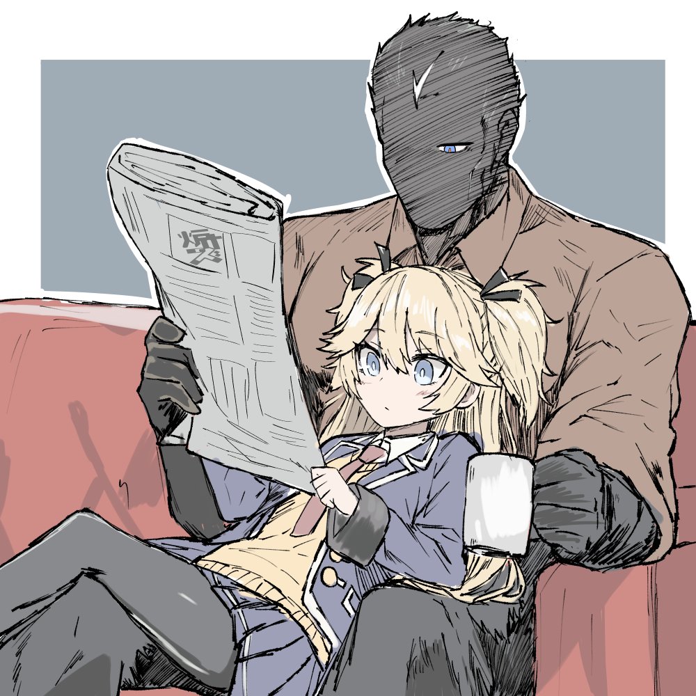 r scrubed, super-shorty (girls' frontline), girls' frontline, character request, 1boy, 1girl, black pants, black pantyhose, black ribbon, black skin, blazer, blonde hair, blue eyes, blue jacket, blue skirt, blush, bright pupils, brown shirt, closed mouth, coffee mug, collared shirt, colored skin, couch, couple, crossed legs, cup, double-parted bangs, faceless, faceless male, feet out of frame, grey background, hair between eyes, hair ribbon, hatching (texture), hetero, holding, holding cup, holding newspaper, jacket, linear hatching, long hair, long sleeves, miniskirt, mug, muscular, muscular male, necktie, newspaper, on couch, on lap, one-eyed, open clothes, open jacket, outline, pants, pantyhose, pleated skirt, reading, reclining, red necktie, red pupils, ribbon, shirt, short hair, sidelocks, simple background, sitting, skirt, sweater vest, two-tone background, two side up, white background, white outline, white pupils, white shirt, yellow sweater vest