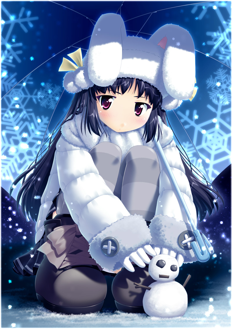 simk, yamabuki zarame, kooh (pangya), original, pangya, 1girl, animal ears, animal hat, black hair, boots, buttons, coat, female focus, gloves, grey thighhighs, hat, large buttons, long hair, long sleeves, purple eyes, rabbit ears, rabbit hat, scarf, skirt, snow, snowflakes, snowing, snowman, solo, squatting, striped clothes, striped thighhighs, thighhighs, umbrella, white gloves, white scarf