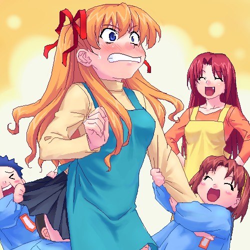 brat (brabrabrat00), zen, kamio haruko, sawatari makoto, air (visual novel), kanon, arm grab, lowres, > <, 00s, 2boys, 3girls, apron, arm hug, black hair, blue eyes, blue hair, blush, brown hair, clenched teeth, closed eyes, clothes lift, crossover, embarrassed, face in ass, fang, hair ribbon, hairband, hands on own hips, kindergarten, kindergarten teacher, kindergarten uniform, laughing, long hair, miniskirt, multiple boys, multiple girls, oekaki, orange hair, pulling, red hair, ribbon, skirt, skirt lift, teeth