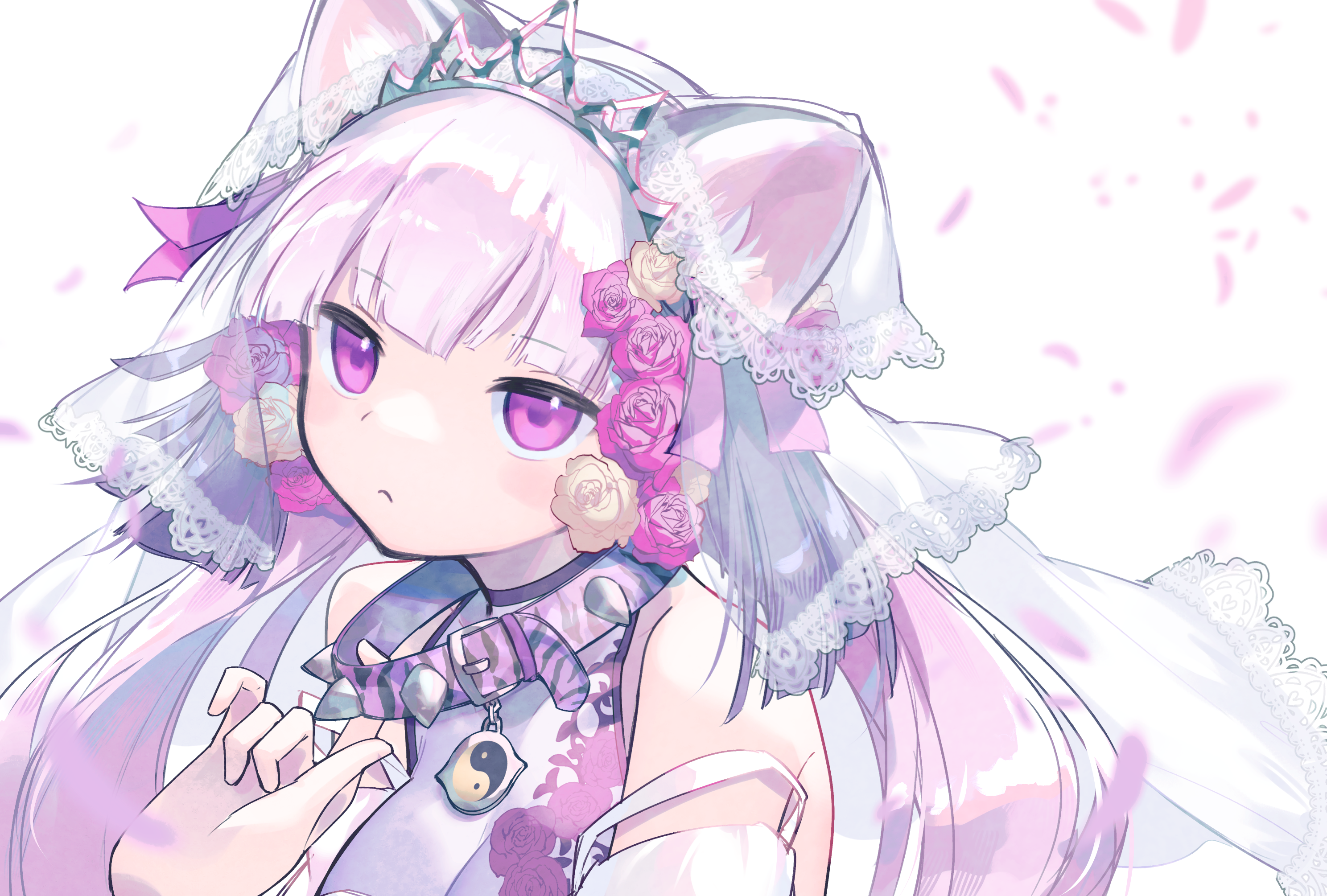 kuuron (moesann17), haku (p&d), puzzle & dragons, highres, 1girl, animal ears, bare shoulders, blush, bridal veil, bride, collar, dress, flower, long hair, looking at viewer, pink eyes, pink flower, pink rose, purple hair, rose, solo, spiked collar, spikes, tiger ears, veil, wedding dress, white dress, white flower, white rose, yin yang (fight league)