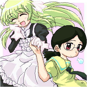 behoimi, media (pani poni), pani poni dash!, lowres, 00s, 2girls, ^ ^, apron, blonde hair, blush, brown hair, closed eyes, glasses, hand on own face, holding hands, long hair, looking at viewer, maid, maid apron, multiple girls, necktie, oekaki, outside border, puffy sleeves, red eyes, school uniform, serafuku, smile, twintails, very long hair