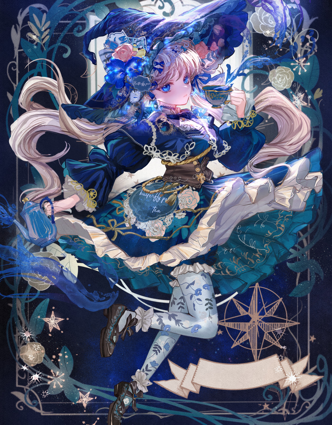 komorihikki, original, highres, 1girl, ankle garter, aqua dress, black shoes, blonde hair, bloomers, blue background, blue bloomers, blue bow, blue bowtie, blue capelet, blue eyes, blue flower, blue hat, blue pantyhose, blue ribbon, blue theme, border, bow, bowtie, brown corset, butterfly pea (flower), capelet, choker, choppy bangs, closed mouth, compass rose, corset, crescent, crescent earrings, cup, dress, earrings, english text, floating liquid, floral print, floral print dress, flower, footwear bow, fork hair ornament, frilled dress, frilled headwear, frilled sleeves, frills, full body, hair bow, hair ornament, hair ribbon, hairclip, hat, hat bow, hat flower, holding, holding cup, holding teapot, jewelry, lace-trimmed choker, lace trim, lolita fashion, long hair, long sleeves, looking at viewer, ornate border, outside border, pantyhose, pink flower, pink rose, print dress, print pantyhose, puffy long sleeves, puffy sleeves, ribbon, rope belt, rose, shirt, shoes, short dress, solo, sparkle, spilling, spoon hair ornament, star (sky), star (symbol), starry sky background, striped bow, tassel, tea, teabag, teacup, teapot, twintails, two-sided dress, two-sided fabric, two-tone background, underwear, very long hair, wavy hair, white background, white bow, white shirt, witch, witch hat