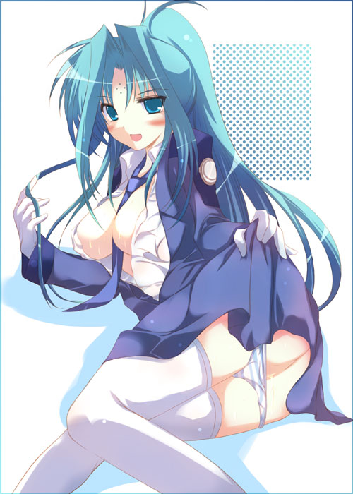 ibuki pon, lindy harlaown, lyrical nanoha, mahou shoujo lyrical nanoha, 00s, 1girl, ass, between breasts, blue eyes, blue hair, blue necktie, blue panties, breasts, clothes lift, cum, cum in pussy, dress, dress lift, dress shirt, facial mark, female focus, forehead mark, gloves, long hair, lying, matching hair/eyes, military, military uniform, necktie, necktie between breasts, on side, open clothes, open dress, open shirt, panties, panty pull, school uniform, serafuku, shirt, skirt, skirt lift, solo, striped clothes, striped panties, thighhighs, underwear, white thighhighs