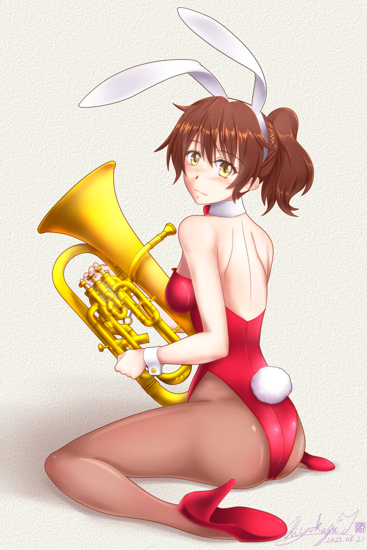 kiyokazu, oumae kumiko, hibike! euphonium, commentary request, highres, 1girl, animal ear hairband, animal ears, bow, bowtie, brown eyes, brown hair, brown pantyhose, bunny day, detached collar, euphonium, fake animal ears, hairband, instrument, leotard, looking at viewer, pantyhose, playboy bunny, ponytail, rabbit ears, rabbit tail, red bow, red bowtie, red leotard, short hair, sitting, solo, strapless, strapless leotard, tail, wariza, wrist cuffs