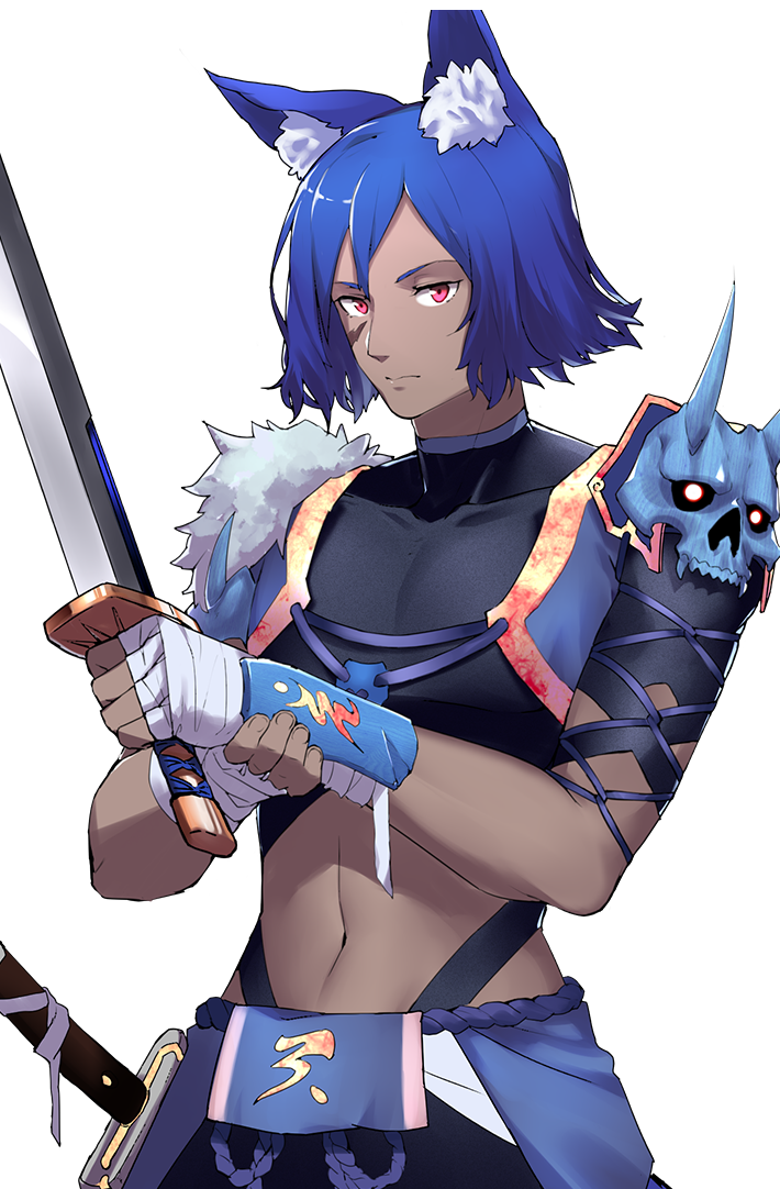 non-web source, tagme, animal ears, armor, bandaged arm, bandages, blue fur, blue hair, demon skull, gauntlets, holding, holding sword, holding weapon, midriff, red eyes, shoulder armor, sword, weapon, wolf ears