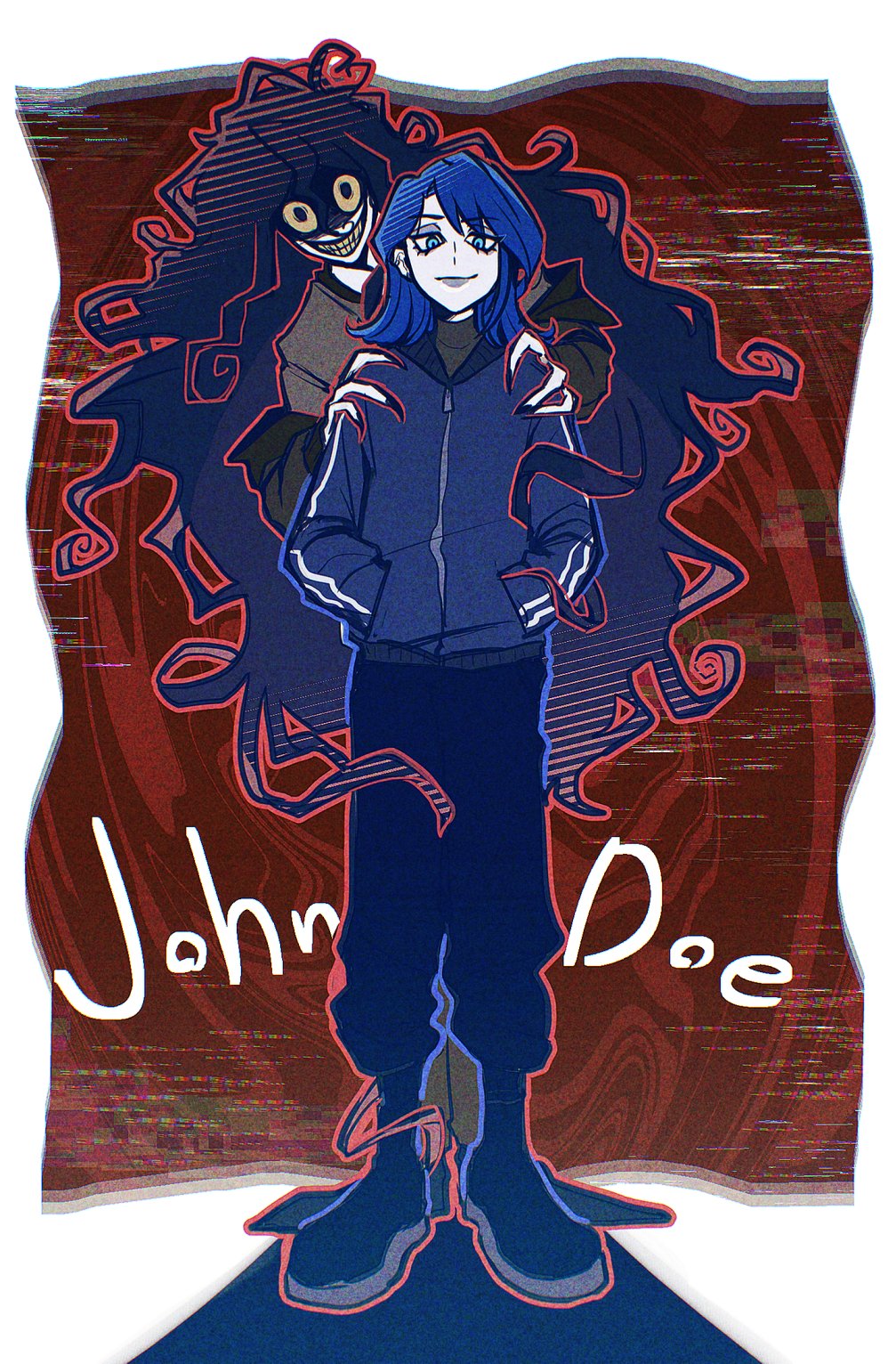 kana (kanaice), john doe (visual novel) (character), john doe (visual novel), highres, 1boy, 1girl, artist self-insert, black hair, black jacket, black shirt, blue eyes, blue hair, blue jacket, blue lips, character name, crazy grin, curly hair, dilated pupils, fingernails, full body, glitch, hands in pockets, jacket, jacket partially removed, long fingernails, long hair, looking at viewer, outline, partially shaded face, prehensile hair, red outline, shirt, standing, striped clothes, turtleneck, very long hair