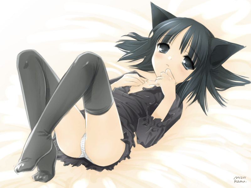 mizui kaou, 1girl, animal ears, black dress, black eyes, black hair, black thighhighs, blue panties, blush, cat ears, dress, female focus, flat chest, legs up, lying, on back, open clothes, open dress, panties, pantyshot, short dress, short hair, solo, thighhighs, underwear, upskirt