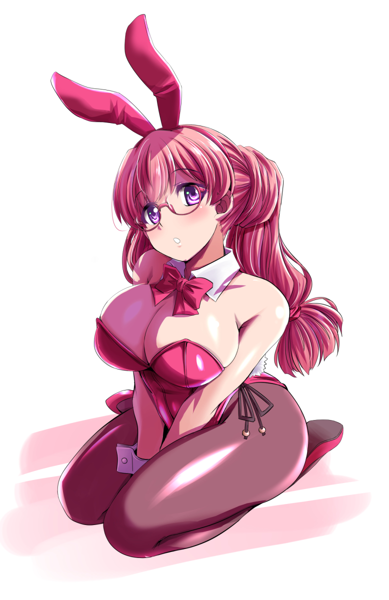 tonpuu, original, commentary request, highres, 1girl, animal ear hairband, animal ears, black pantyhose, bow, bowtie, breasts, cleavage, detached collar, fake animal ears, glasses, hairband, half updo, large breasts, leotard, long hair, pantyhose, pink hair, playboy bunny, purple eyes, rabbit ears, rabbit tail, red bow, red bowtie, red leotard, side-tie leotard, simple background, solo, strapless, strapless leotard, tail, v arms, white background, wrist cuffs