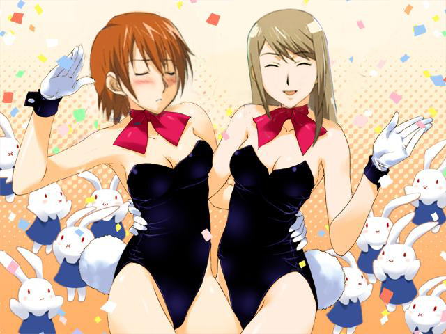 amazuyu tatsuki, ginga kuon, kinjo nanaho, kinjou nanaho, gokujou seitokai, third-party edit, 00s, 2girls, animal ears, bare legs, fake animal ears, gloves, leotard, multiple girls, orange hair, playboy bunny, rabbit ears, rabbit tail, red hair, tail