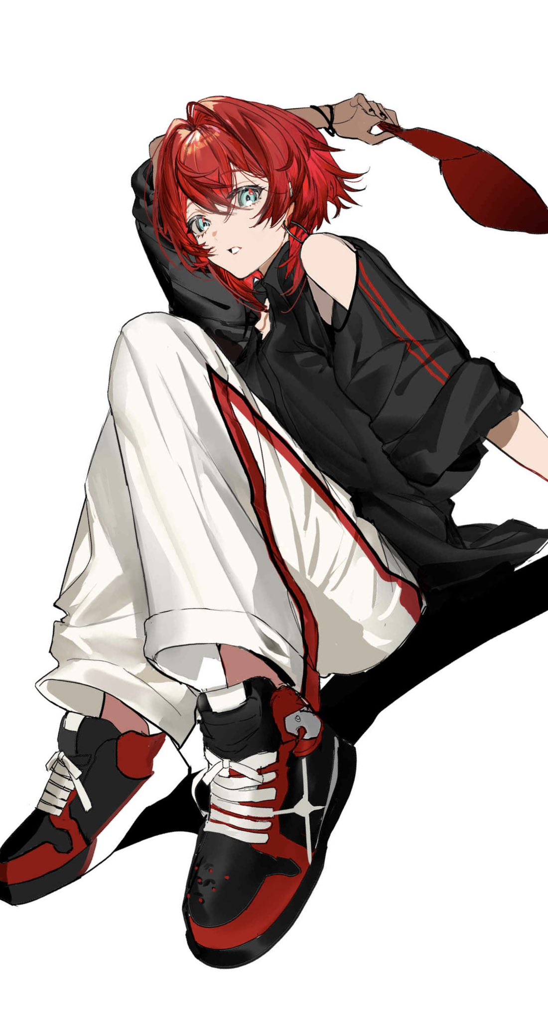 mappapaka, ange katrina, nijisanji, commentary request, highres, 1girl, alternate costume, aqua eyes, arm up, baseball cap, black shirt, black shoes, bracelet, clothing cutout, crossed bangs, dutch angle, earrings, full body, hair between eyes, hair intakes, hat, holding, holding unworn clothes, holding unworn hat, hoop earrings, jewelry, leaning back, looking at viewer, pants, parted lips, red hair, red hat, shadow, shirt, shoes, short hair, shoulder cutout, simple background, sitting, sleeves rolled up, sneakers, solo, unworn hat, unworn headwear, virtual youtuber, white background, white pants, wide sleeves