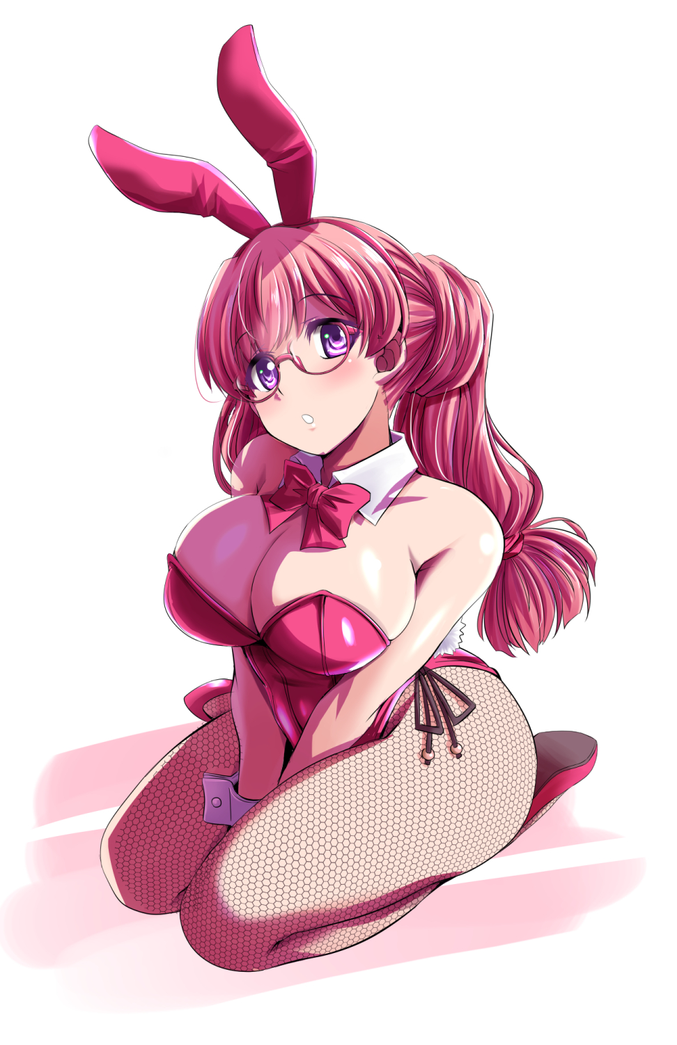 tonpuu, original, commentary request, highres, 1girl, animal ear hairband, animal ears, bow, bowtie, breasts, cleavage, detached collar, fake animal ears, fishnet pantyhose, fishnets, glasses, hairband, half updo, large breasts, leotard, long hair, pantyhose, pink hair, playboy bunny, purple eyes, rabbit ears, rabbit tail, red bow, red bowtie, red leotard, side-tie leotard, simple background, solo, strapless, strapless leotard, tail, v arms, white background, wrist cuffs