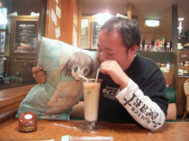 niisan (hozumin), asakura nemu, da capo, da capo i, lowres, photo (medium), 00s, 1boy, 2d dating, cameo, dakimakura (object), food, lonely, meal, otaku, pillow, restaurant