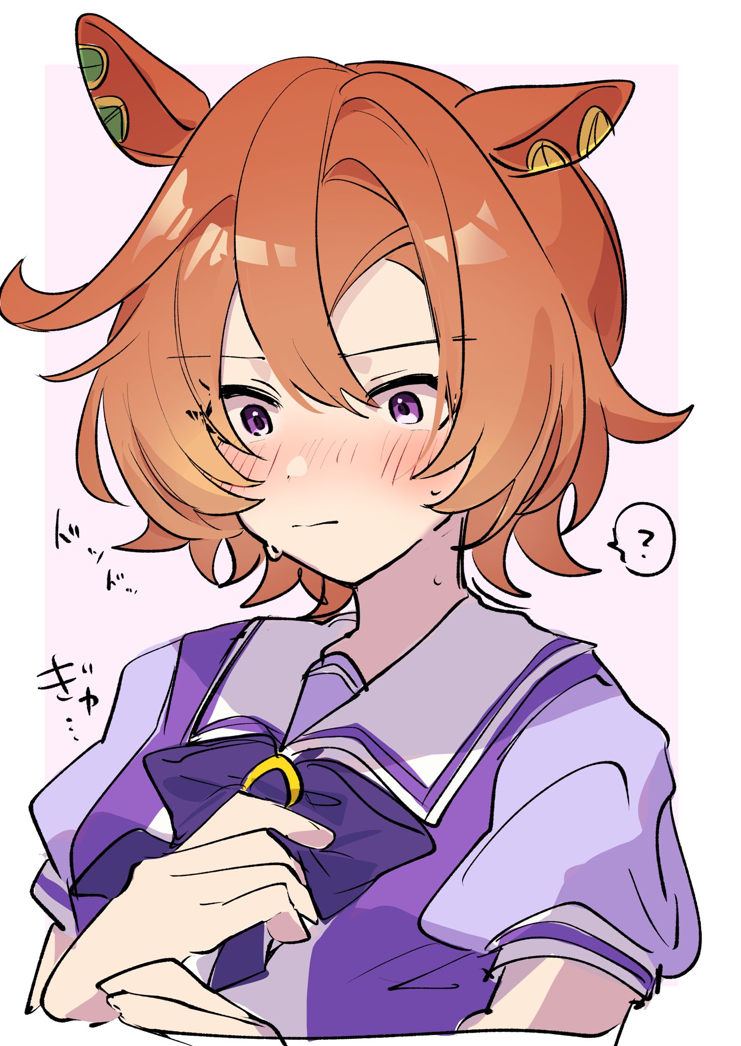 amano (amano miko), t.m. opera o (umamusume), umamusume, highres, 1girl, ?, animal ears, blush, closed mouth, earrings, horse ears, horse girl, jewelry, orange hair, pale skin, puffy short sleeves, puffy sleeves, purple eyes, purple shirt, sailor collar, sailor shirt, school uniform, shirt, short hair, short sleeves, simple background, solo, speech bubble, sweat, tracen school uniform, white background