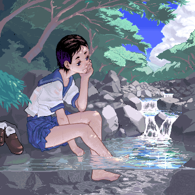 original, lowres, 1girl, barefoot, blouse, day, feet, female focus, full body, head rest, miniskirt, oekaki, pleated skirt, refraction, school uniform, see-through clothes, serafuku, shirt, shoes, sitting, skirt, soaking feet, socks, solo, stream, unworn shoes, water, white shirt