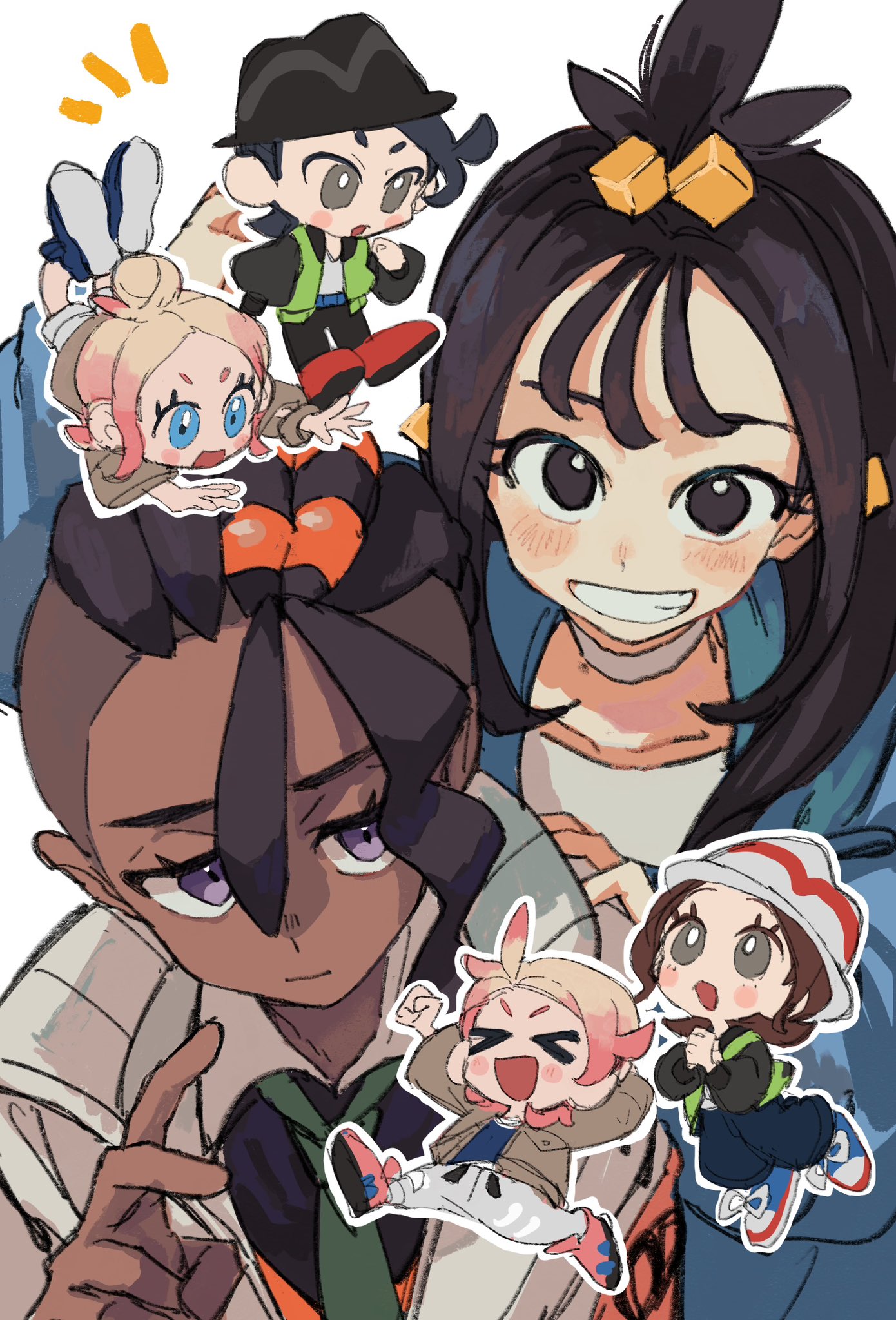 2enn3n, harmony (pokemon), lida (pokemon), naveen (pokemon), paxton (pokemon), taunie (pokemon), urbain (pokemon), nintendo, pokemon, pokemon legends: z-a, commentary request, highres, > <, 3boys, 3girls, black hair, black hat, blonde hair, blue eyes, blue jacket, blue pants, blush, blush stickers, brown hair, chibi, choker, dark skin, gradient hair, green necktie, grey pants, grin, hair bun, hat, jacket, looking at viewer, mini person, miniboy, minigirl, multicolored hair, multiple boys, multiple girls, necktie, open clothes, open jacket, own hands together, pants, pink hair, purple eyes, short hair, simple background, single hair bun, size difference, smile, teeth, two-tone hair, v, white background, white choker