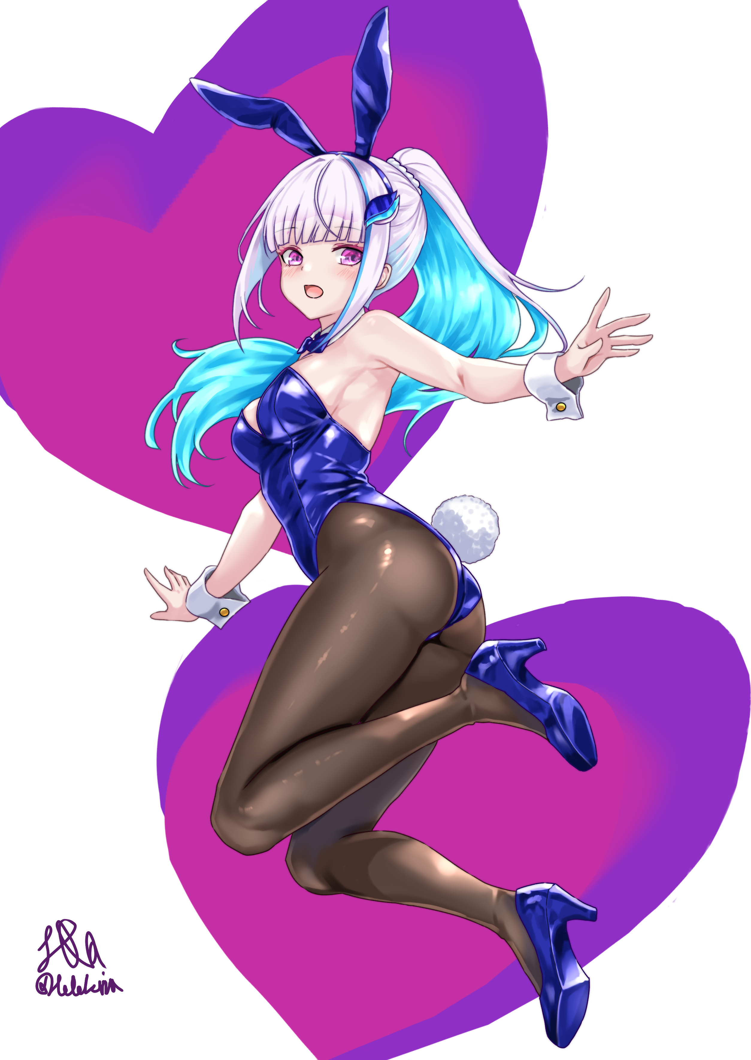 shirokuni ochiho, lize helesta, nijisanji, absurdres, highres, 1girl, animal ear hairband, animal ears, ass, black pantyhose, blue bow, blue bowtie, blue hair, blue leotard, blue shoes, blunt bangs, bow, bowtie, breasts, colored inner hair, detached collar, fake animal ears, fake tail, grey hair, hairband, heart, heart background, high heels, leotard, long hair, looking at viewer, looking to the side, medium breasts, multicolored hair, pantyhose, playboy bunny, ponytail, ponytail with braided base, purple eyes, rabbit ears, rabbit tail, shoes, solo, strapless, strapless leotard, streaked hair, tail, two-tone hair, virtual youtuber, white hair, wrist cuffs