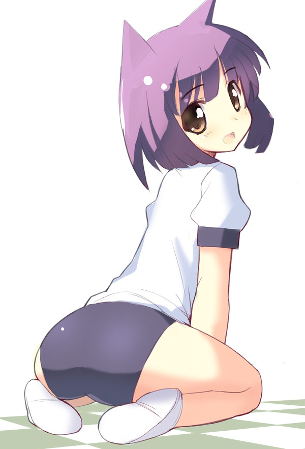 sikorsky, original, 1girl, animal ears, ass, buruma, cat ears, female focus, full body, gym uniform, simple background, sitting, solo, white background