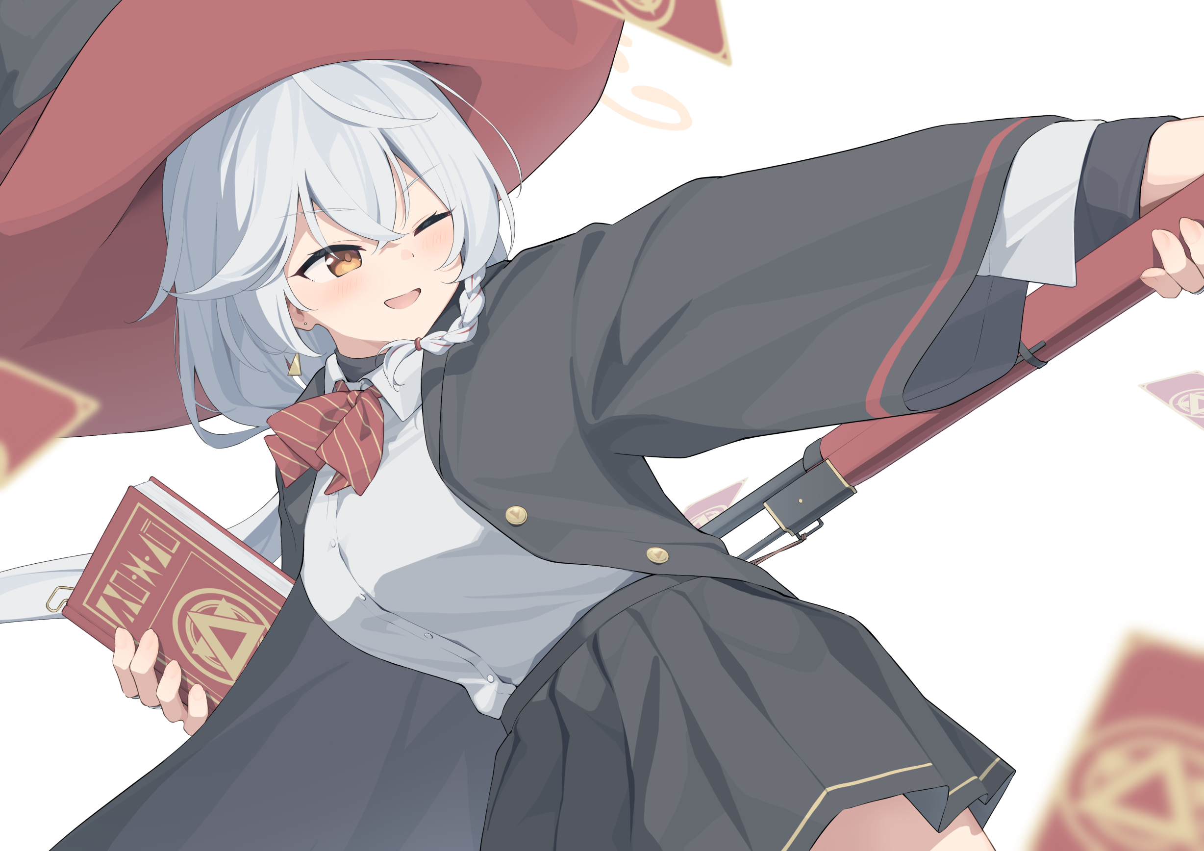 eri (blue archive), blue archive, :d, book, bow, bowtie, braid, card, gun, halo, hat, holding, holding book, holding gun, holding weapon, jacket, long coat, long hair, one eye closed, open mouth, orange eyes, shirt, skirt, smile, sweater, weapon, white hair, witch hat