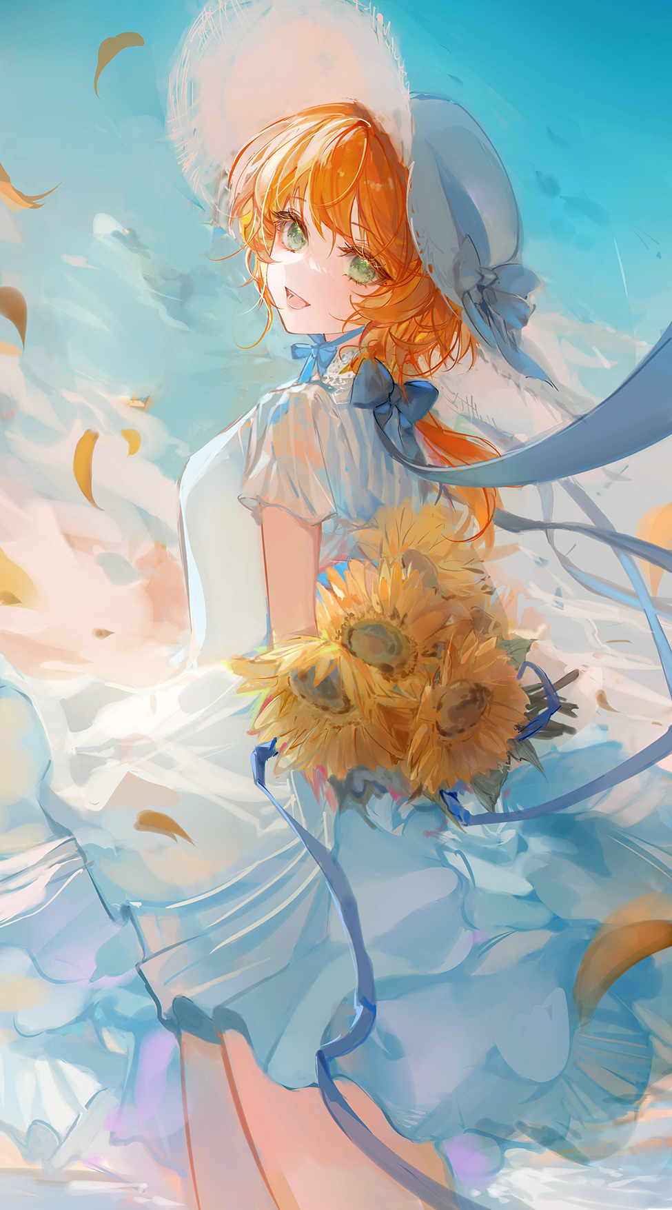 kinokohime, emma (yakusoku no neverland), yakusoku no neverland, highres, 1girl, blue ribbon, breasts, dress, flower, hair between eyes, hair ribbon, hat, holding, holding flower, long hair, looking at viewer, open clothes, orange hair, ponytail, ribbon, smile, solo, sunflower, teeth, white dress, white hat