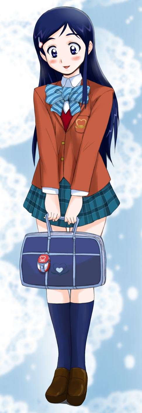 maira gen, yukishiro honoka, futari wa precure, precure, striped neckwear, highres, 00s, 1girl, bag, blue bow, blush, bow, bowtie, female focus, hair ornament, hairclip, long hair, long sleeves, purple eyes, purple hair, school bag, school uniform, serafuku, solo, striped bow, striped bowtie, striped clothes
