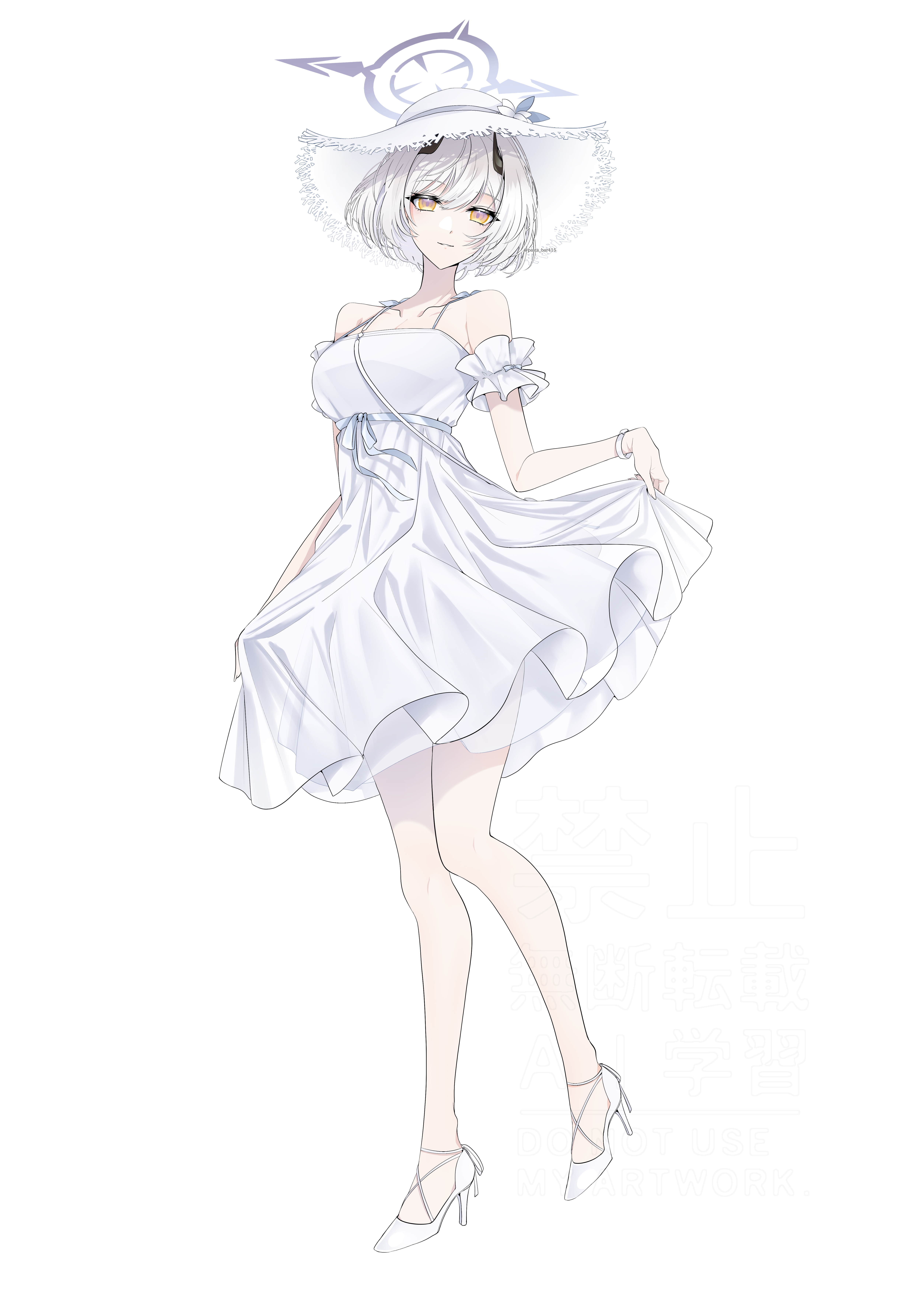 pasta bar415, sena (blue archive), sena (casual) (blue archive), blue archive, absurdres, highres, 1girl, breasts, closed mouth, demon girl, demon horns, dress, full body, grey hair, hat, high heels, horns, large breasts, looking at viewer, shoes, short hair, simple background, skirt hold, sleeveless, sleeveless dress, smile, solo, sun hat, white background, white dress, white hat, white shoes, yellow eyes