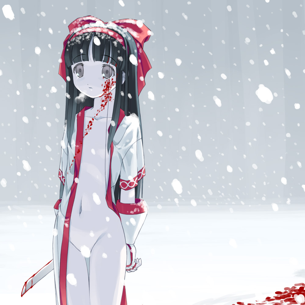 yousisi, nakoruru, samurai spirits, traditional clothes, 1girl, after rape, black hair, blood, blood on face, bow, censored, convenient censoring, empty eyes, female focus, gloves, grey eyes, japanese clothes, katana, knife, loli, long hair, no panties, open clothes, open robe, open shirt, red bow, robe, sad, sad girl in snow, shirt, short sword, snow, snowing, solo, sword, tears, vengeance, weapon