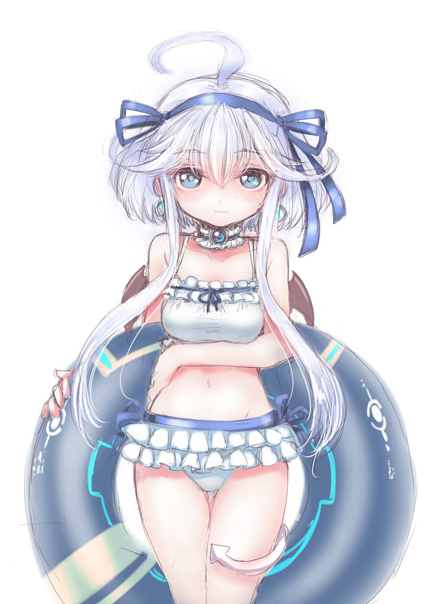 ajitarou (setsu), mitama aria, emil chronicle online, highres, 1girl, ahoge, android, bat wings, bikini, blue eyes, blue ribbon, breasts, choker, demon tail, earrings, frilled bikini, frilled choker, frilled tankini, frills, hair ribbon, holding, holding swim ring, innertube, jewelry, long hair, looking at viewer, medium breasts, navel, ribbon, solo, swim ring, swimsuit, tail, tank top, white background, white bikini, white hair, white tail, white tank top, wings
