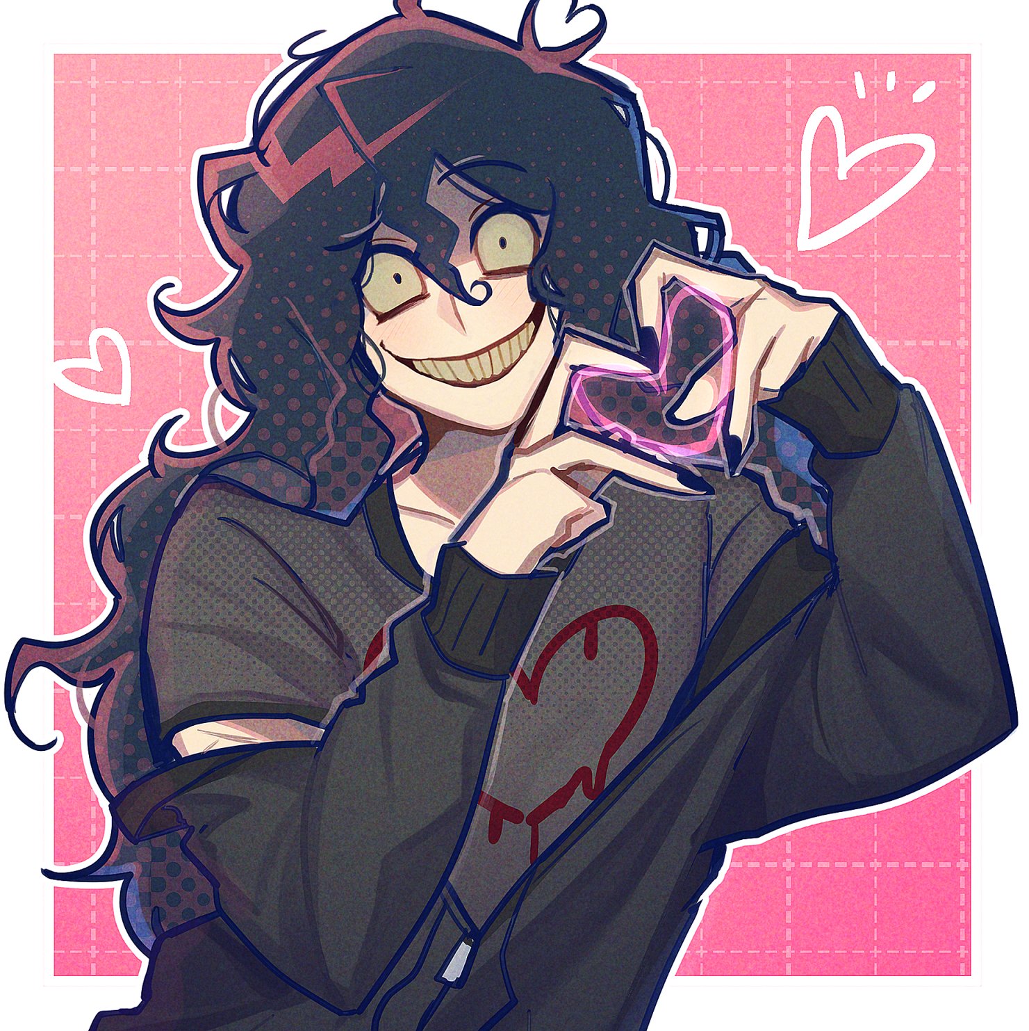 kana (kanaice), john doe (visual novel) (character), john doe (visual novel), highres, 1boy, black hair, black jacket, black shirt, border, constricted pupils, crazy grin, curly hair, head tilt, heart, heart hands, heart in heart hands, heart print, jacket, jacket partially removed, long hair, male focus, messy hair, outside border, scar, scar on arm, self-harm scar, shirt, solo, upper body, very long hair, white border