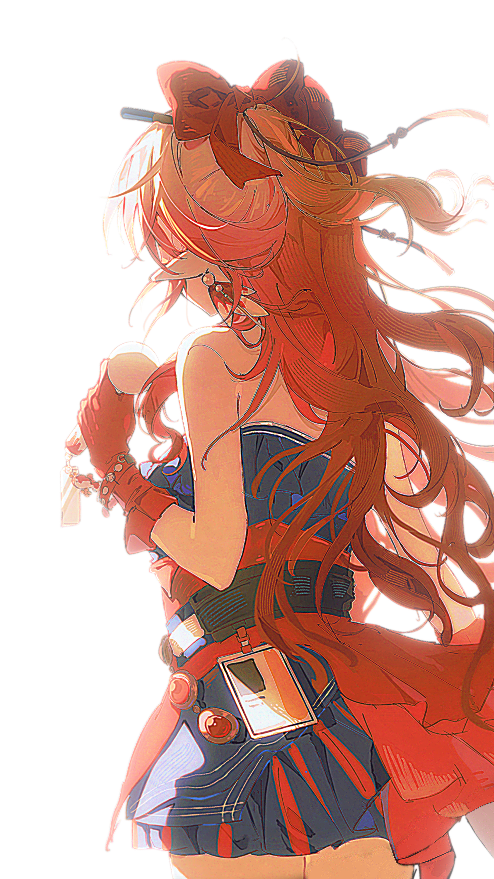 haruka (arknights), arknights, absurdres, highres, 1girl, bare shoulders, belt, blue dress, bow, brown hair, cowboy shot, dress, earrings, fingerless gloves, from behind, gloves, gradient hair, hair bow, holding, jewelry, long hair, multicolored hair, official alternate costume, orange hair, pointy ears, ponytail, red gloves, red hair, solo, wai041, white background