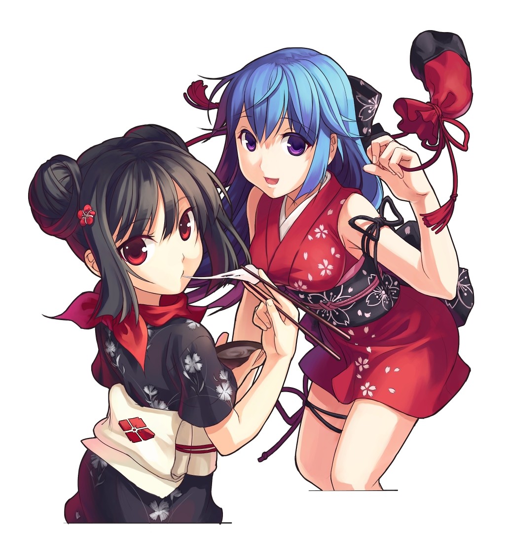 h2so4, seedark, arin (pangya), kooh (pangya), pangya, official art, 2girls, :d, arm ribbon, back, bag, black hair, black kimono, blue hair, bow, cherry blossoms, chopsticks, double bun, eating, floral print, flower, food, hair between eyes, hair bow, hair bun, hair flower, hair ornament, holding, holding bag, japanese clothes, kimono, long hair, looking at viewer, mochi, multiple girls, new year, obi, open mouth, petals, pouch, print kimono, purple eyes, purple hair, red eyes, red hair, ribbon, rope, sash, short kimono, sidelocks, simple background, sleeveless, sleeveless kimono, smile, tassel, thigh strap, wagashi, white background