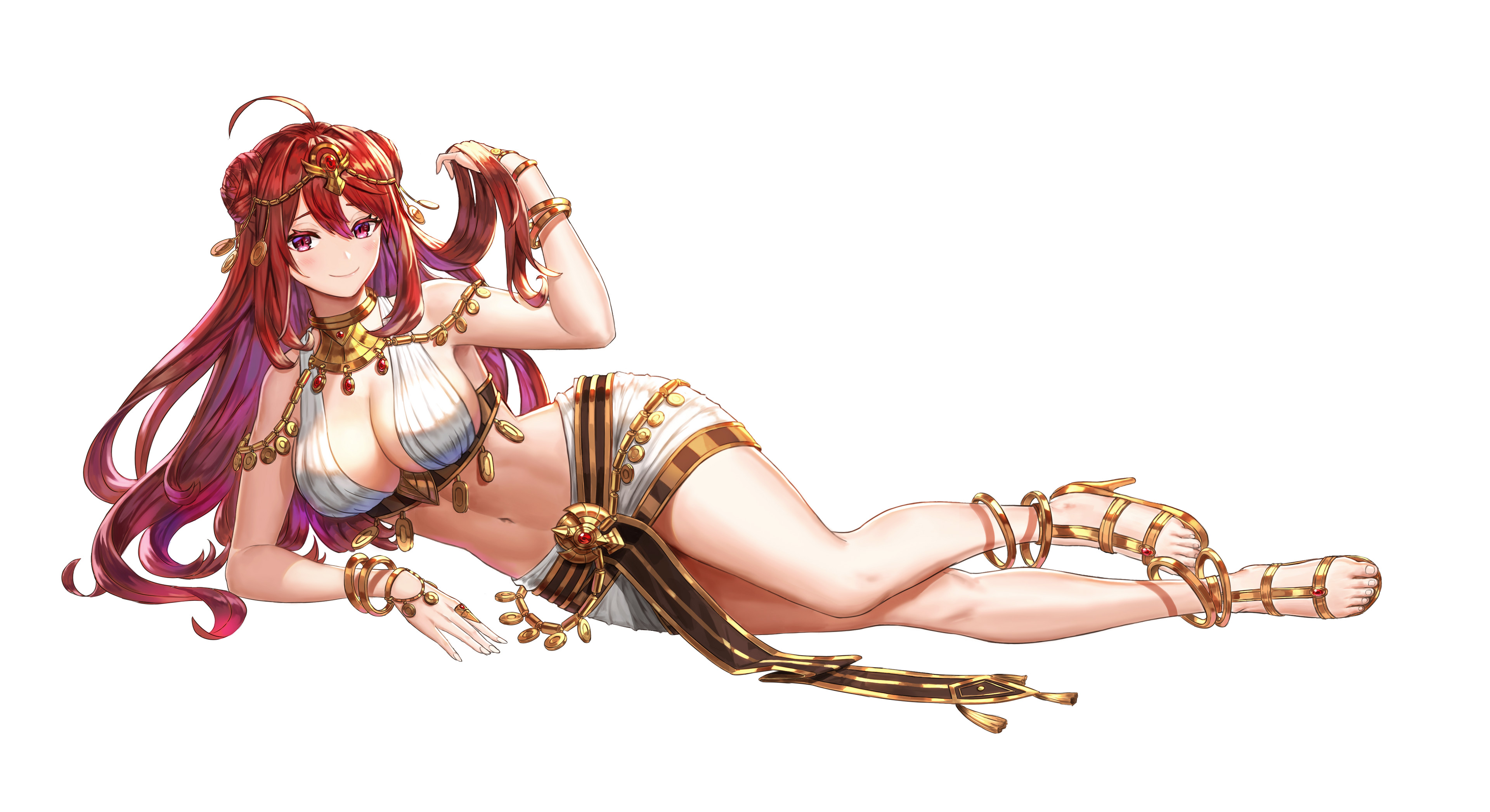 deepmaru, erze (king's raid), king's raid, absurdres, commentary, english commentary, highres, official art, 1girl, ahoge, ancient egyptian clothes, anklet, arm up, armpits, bangle, bare arms, bare shoulders, bracelet, breasts, circlet, cleavage, closed mouth, collar, crop top, double bun, full body, gold trim, hair bun, high heel sandals, high heels, jewelry, large breasts, long hair, looking at viewer, lying, midriff, navel, official alternate costume, on side, pelvic curtain, red eyes, red hair, revealing clothes, sandals, sleeveless, smile, solo, stomach, thighs, transparent background