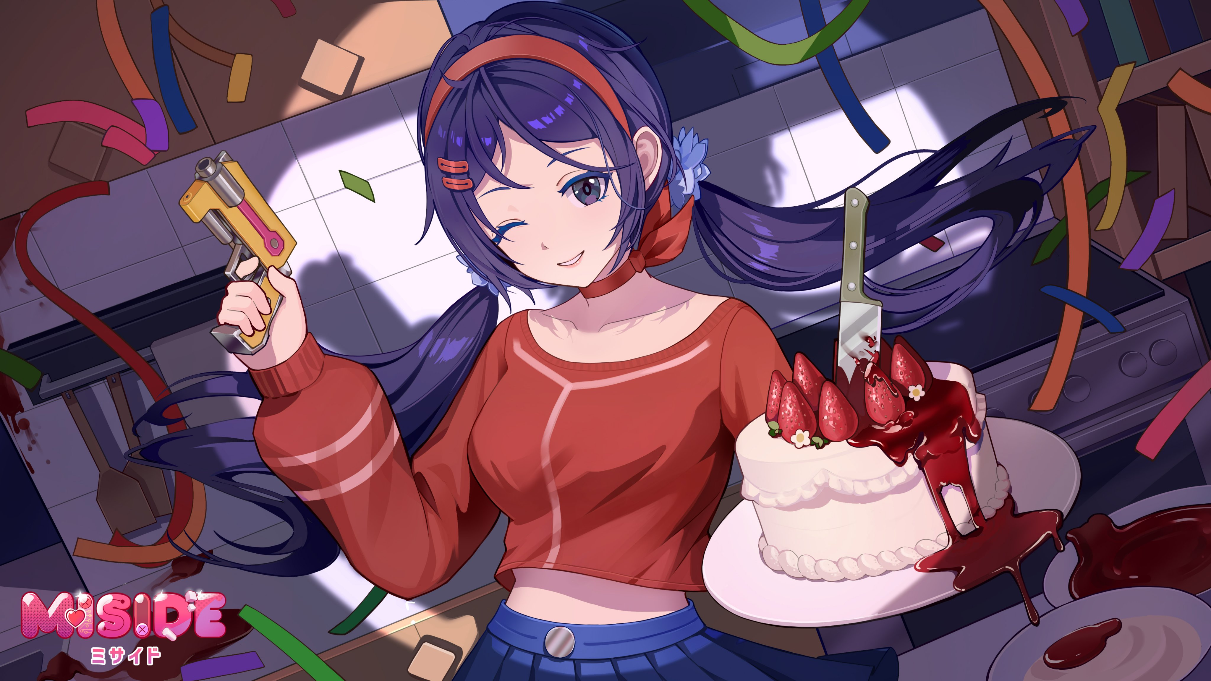 crazy mita (miside), mita (miside), miside, absurdres, highres, official art, 1girl, blue eyes, blue hair, blue skirt, breasts, choker, claw hair clip, confetti, flower hairtie, hair ornament, hairband, hairclip, knife, long hair, long sleeves, looking at viewer, low twintails, red choker, red hairband, red shirt, red thighhighs, shirt, skirt, smile, solo, thighhighs, twintails
