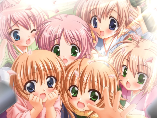 asakura maina, asakura yuna, mizuki saori, mizuki shiori, nishimura konomi, nishimura nanami, hajimete no oishi-san, hajimete no orusuban, nanami to konomi no oshiete abc, game cg, 6+girls, ahoge, antenna hair, blonde hair, blue eyes, blush, double bun, green eyes, hair bun, hair ribbon, japanese clothes, long hair, multiple girls, one eye closed, open mouth, outstretched arm, outstretched hand, petals, pink hair, reaching, ribbon, short hair, wink