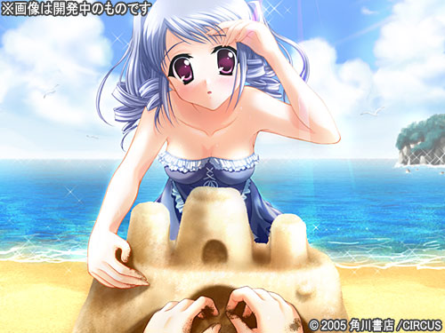 nanao naru, tsukishiro alice, tsukushiro alice, da capo, da capo i, frilled swimsuit, game cg, lowres, 00s, 1girl, 2005, :o, bare shoulders, beach, blue hair, building sand sculpture, casual one-piece swimsuit, day, female focus, frills, light rays, ocean, one-piece swimsuit, outdoors, purple eyes, sand castle, sand sculpture, solo, sparkle, sunbeam, sunlight, swimsuit, twintails, water