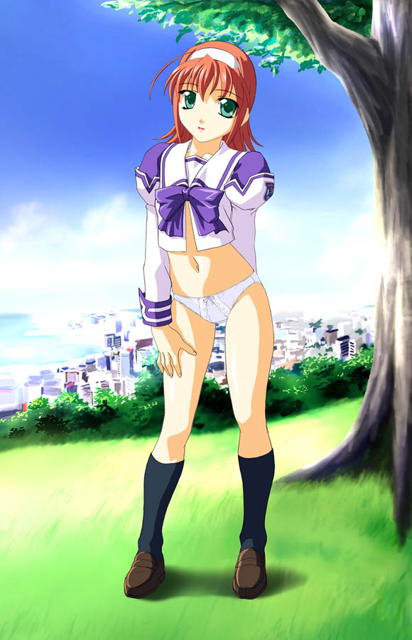 norizou type-r, suzumiya akane, kimi ga nozomu eien, 00s, 1girl, ahoge, black socks, bottomless, bow, bow panties, day, female focus, green eyes, hairband, kneehighs, long sleeves, navel, no pants, outdoors, panties, red hair, school uniform, serafuku, shoes, short hair, socks, solo, standing, underwear, white panties
