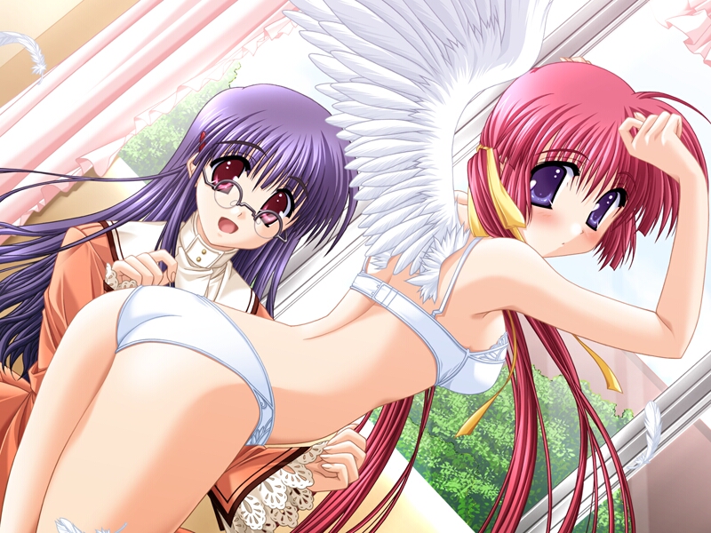 arisue tsukasa, alice (usotsuki wa tenshi no hajimari), ipponyari tamayo, usotsuki wa tenshi no hajimari, game cg, 2girls, angel, blue eyes, blue hair, blush, bra, dress, dutch angle, feathers, glasses, hair ribbon, leaning forward, lingerie, long hair, multiple girls, panties, purple eyes, red eyes, red hair, ribbon, twintails, underwear, underwear only, white panties, window, wings