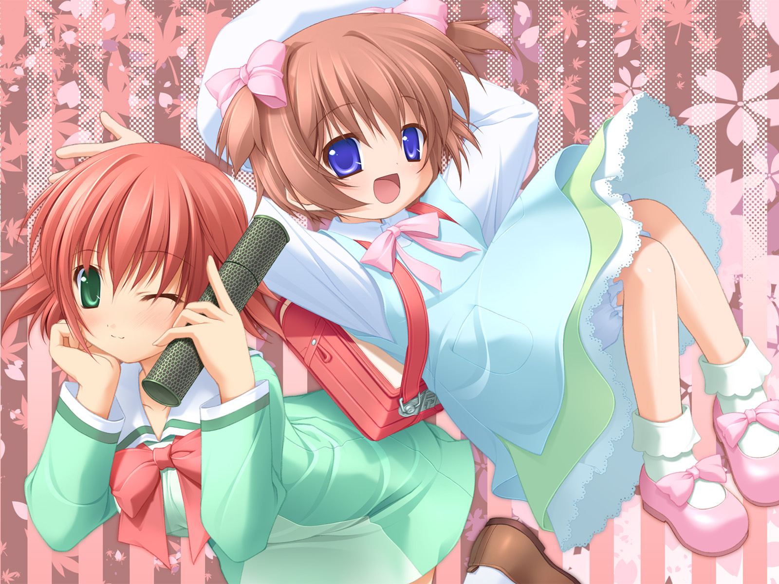 yuuki mitsuru, nakazato sakura, yukizakura momiji, komorebi no namikimichi, game cg, highres, 2girls, backpack, bag, dress, multiple girls, randoseru