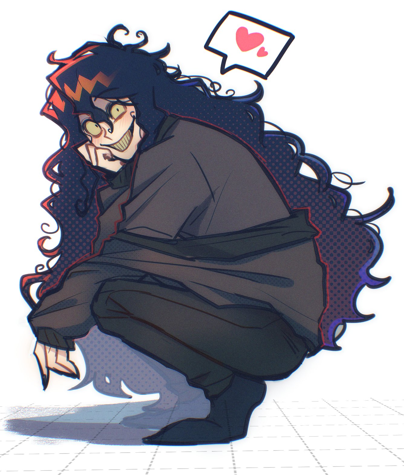 kana (kanaice), john doe (visual novel) (character), john doe (visual novel), highres, 1boy, black hair, black jacket, black shirt, colored sclera, constricted pupils, crazy grin, curly hair, elbow on knee, from side, full body, hand on own chin, heart, jacket, jacket partially removed, long hair, looking at viewer, male focus, messy hair, shirt, solo, spoken heart, squatting, tile floor, tiles, very long hair, yellow sclera
