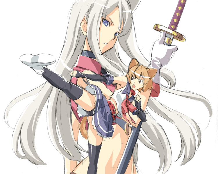 takeda hiromitsu, original, 2girls, animal ears, dog ears, high kick, katana, kicking, multiple girls, new year, sword, thighhighs, weapon