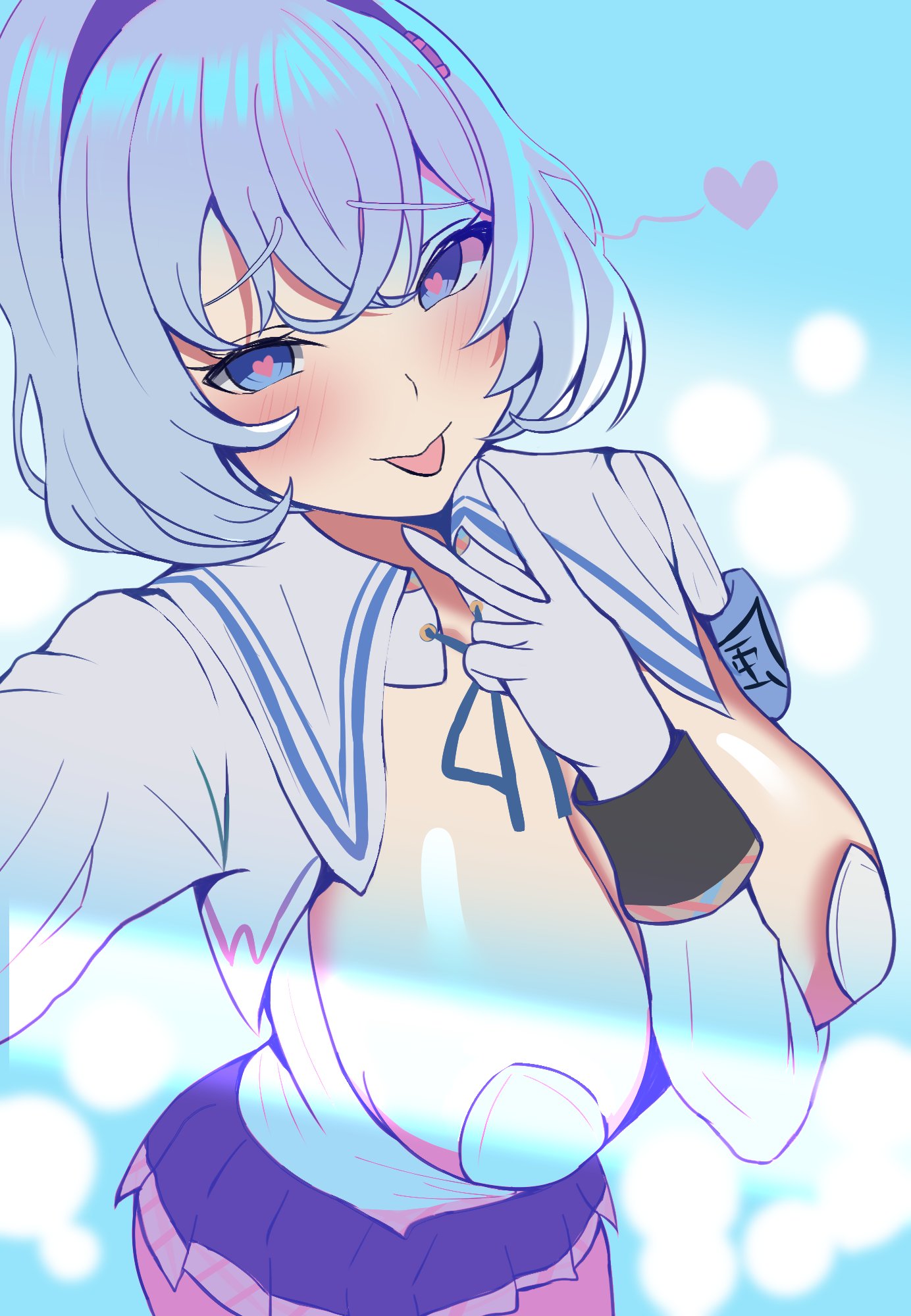 yuzi124, onabuta ikuko, nukigee mitai na shima ni sunderu watashi wa dou surya ii desu ka?, highres, 1girl, armband, black hairband, black skirt, blue armband, blue eyes, blue hair, blush, breasts, cleavage, hairband, heart, heart-shaped pupils, large breasts, looking at viewer, open clothes, open shirt, pasties, school uniform, shirt, short hair, simple background, skirt, symbol-shaped pupils, tongue, tongue out, white shirt