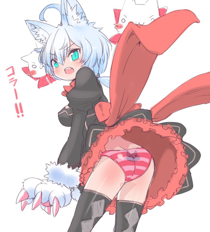 ajitarou (setsu), emil chronicle online, 1girl, ahoge, animal ears, animal hands, ass, black dress, black thighhighs, breasts, cerberus (eco), dog ears, dog girl, dress, familiar, frilled dress, frills, gloves, large breasts, low twintails, neck ribbon, open mouth, panties, paw gloves, red dress, red panties, red ribbon, ribbon, skirt, skirt flip, striped clothes, striped panties, thighhighs, twintails, two-tone dress, underwear, white background, white hair