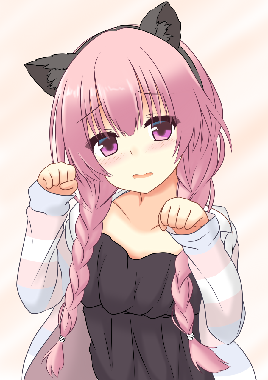 takanashi kou, mitsukasa ayase, riddle joker, commentary, highres, 1girl, animal ear fluff, animal ear hairband, animal ears, black camisole, black hairband, blunt bangs, blush, braid, camisole, cat ears, collarbone, eyes visible through hair, fake animal ears, furrowed brow, hair between eyes, hairband, hands up, jacket, long hair, looking at viewer, low twintails, official alternate costume, official alternate hairstyle, open clothes, open jacket, open mouth, paw pose, pink background, pink hair, purple eyes, simple background, sleeves past wrists, solo, striped clothes, striped jacket, twin braids, twintails, upper body, very long hair, wavy mouth