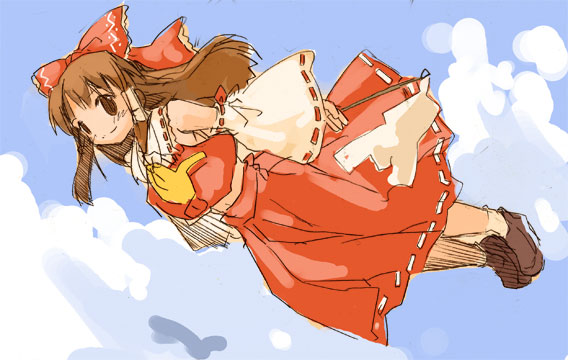 momiji mao, hakurei reimu, touhou, 1girl, brown eyes, brown hair, cloud, day, detached sleeves, female focus, flying, full body, hair ribbon, japanese clothes, miko, outdoors, ribbon, sky, solo